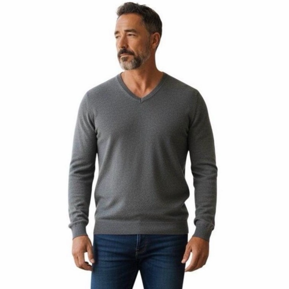 BANANA REPUBLIC Men's Luxury Blend Grey V-Neck Sweater Cotton Silk Cashmere L